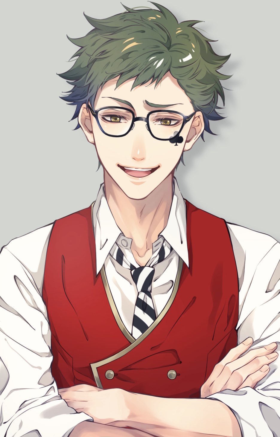 1boy, aym4800, brown_eyes, crossed_arms, facial_mark, glasses, green_hair, grey_background