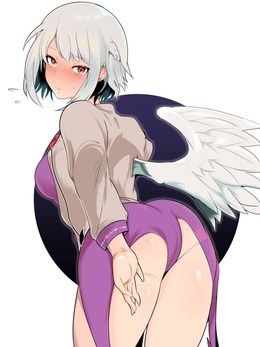 1girl, absurdres, angel_wings, ass, bangs, banned_artist, beige_jacket, blush