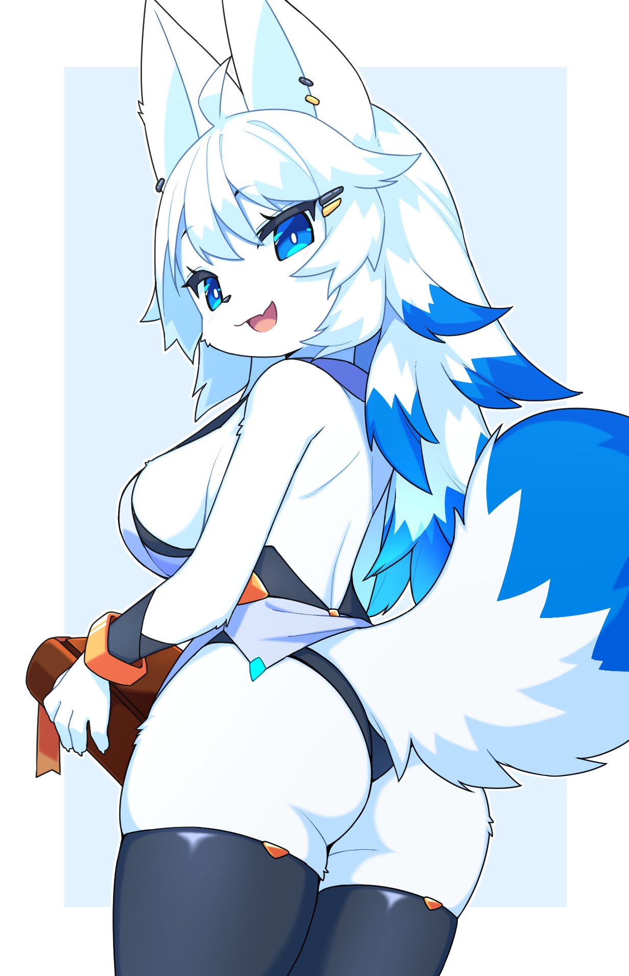 1girl, ahoge, animal_ears, animal_nose, ass, black_legwear, black_leotard, blue_background