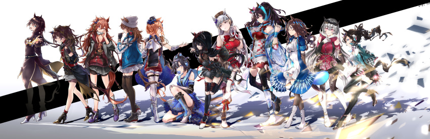 6+girls, absurdres, animal_ears, annotated, aqua_eyes, ascot, asymmetrical_footwear, bandaged_leg, bandages, bangs, bare_shoulders, beanie, belt, black_dress, black_hair, black_legwear, blue_eyes, boots, breasts, brown_hair, bubble_blowing, candy, character_name, dress, ear_bow, ear_ornament, ears_through_headwear, epaulettes, eyebrows_visible_through_hair, fingerless_gloves, food, gloves, gold_ship_(umamusume), grejpfrut_cvet, grey_eyes, grey_hair, hair_between_eyes, hair_ornament, hand_in_hair, hand_on_own_chest, hat, headphones, headphones_around_neck, high_heels, highres, holding, holding_candy, holding_food, hood, hood_up, horse_ears, horse_girl, horse_tail, huge_filesize, jacket, jewelry, kin'iro_ryotei_(umamusume), light_brown_hair, long_hair, long_sleeves, mask, messy_hair, mini_hat, mismatched_footwear, mouth_hold, mouth_mask, multiple_girls, nakayama_festa_(umamusume), necklace, one_knee, open_clothes, open_jacket, orfevre_(umamusume), original, personification, pillbox_hat, pink_eyes, red_eyes, sailor_collar, scarf, see-through, see-through_jacket, shadow, shoes, short_hair, shorts, shorts_under_skirt, single_epaulette, single_fingerless_glove, skirt, sleeveless, sleeveless_jacket, standing, standing_on_one_leg, tail, thigh-highs, umamusume, violet_eyes, white_gloves, white_legwear