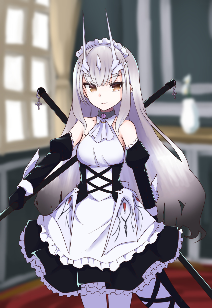 1girl, absurdres, alternate_costume, apron, bangs, bare_shoulders, black_dress, breasts