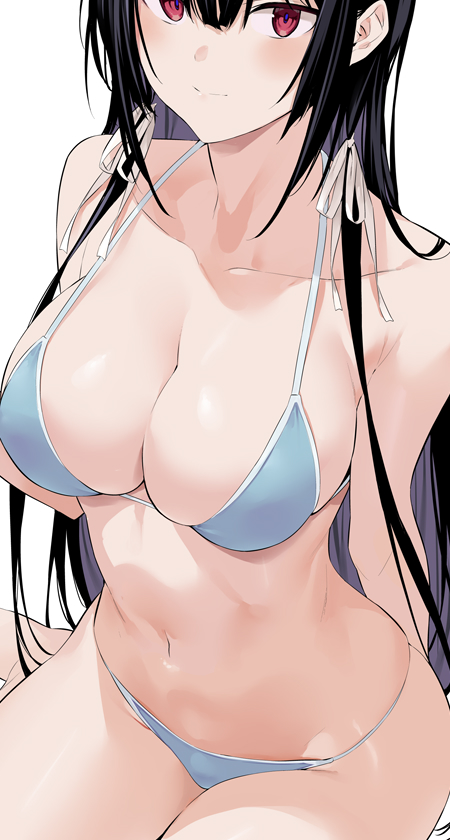 1girl, arm_behind_back, bangs, bare_shoulders, barefoot, bikini, black_hair, blue_bikini