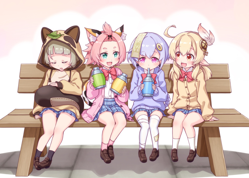 4girls, :d, ahoge, alternate_costume, animal_ears, animal_hood, bandaged_leg, bandages