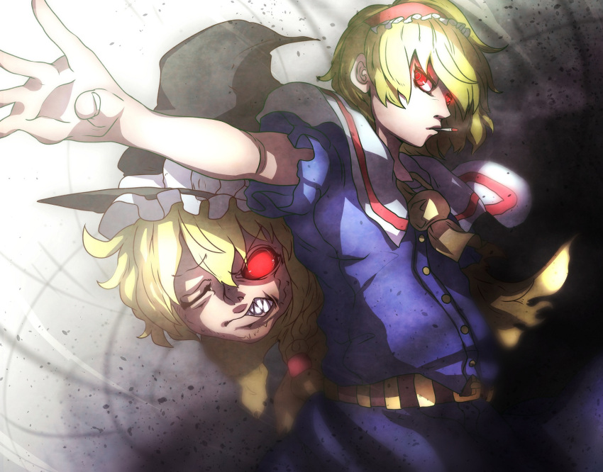 2girls, alice_margatroid, bangs, belt, blonde_hair, blue_dress, brown_belt, capelet