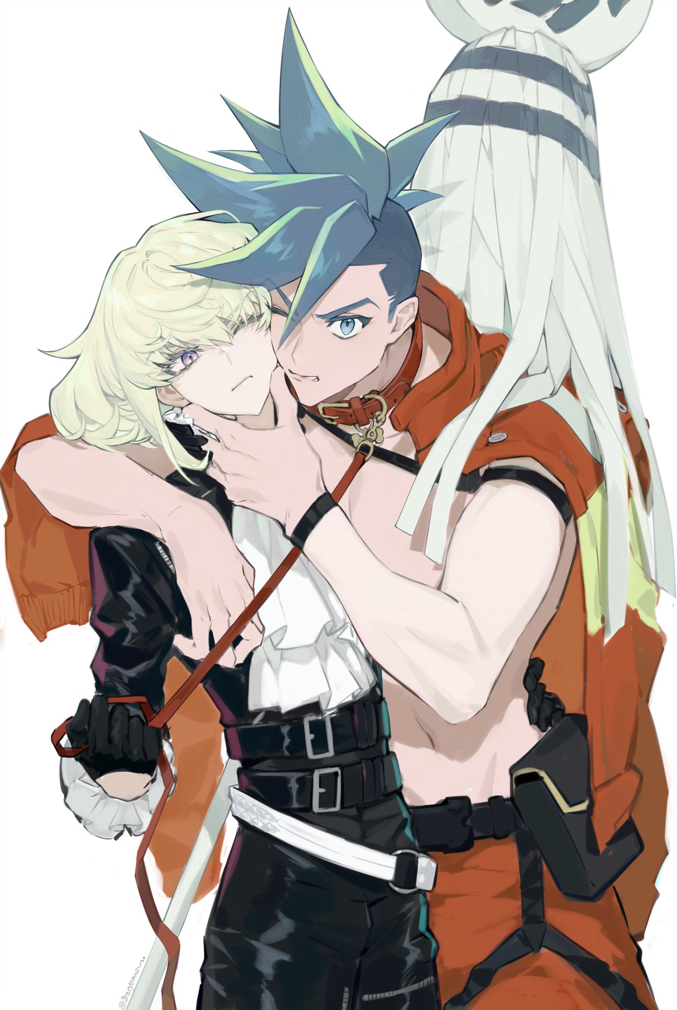 2boys, arm_around_shoulder, armband, ascot, belt, belt_pouch, black_gloves, black_jacket