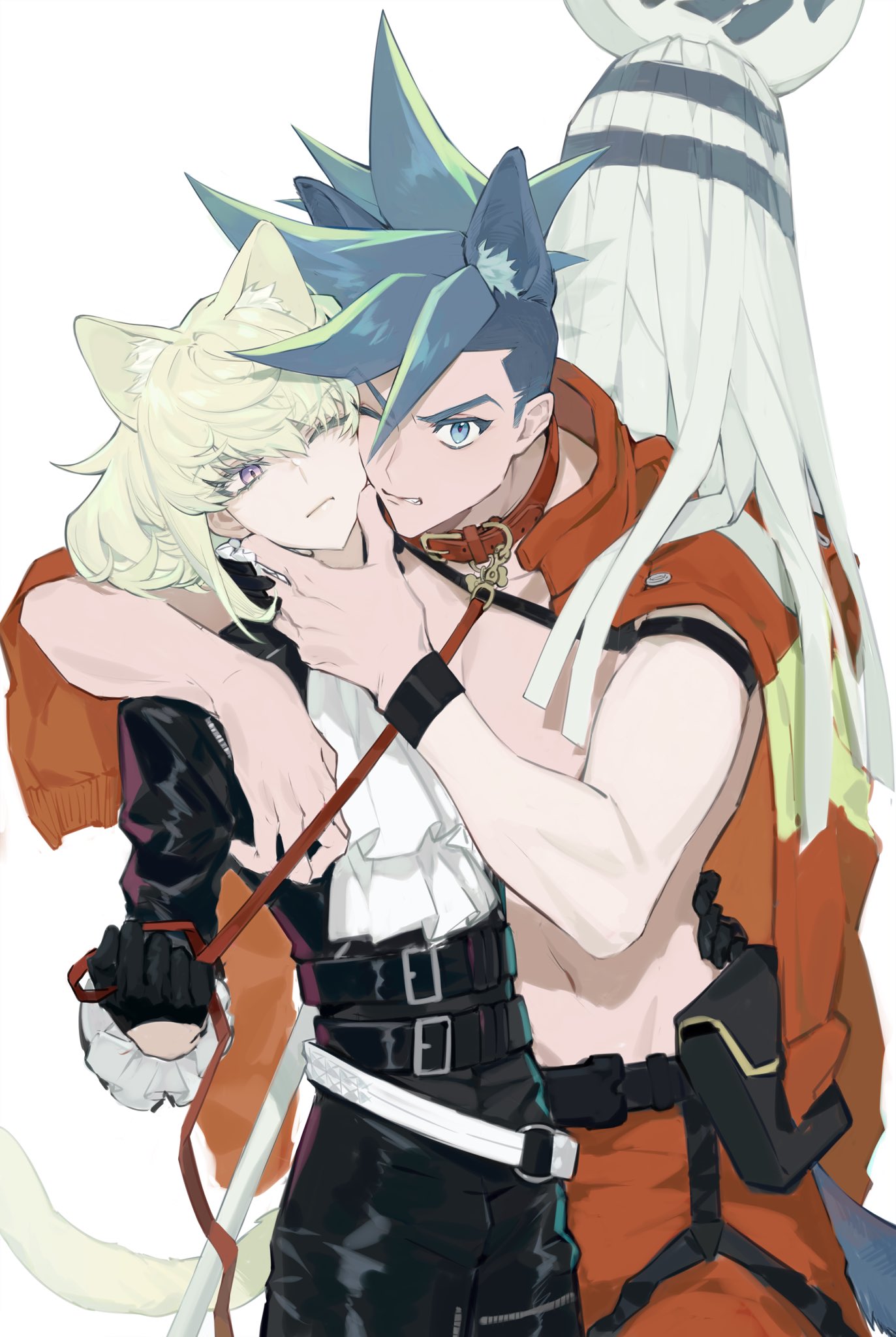 2boys, animal_ears, arm_around_shoulder, armband, ascot, belt, belt_pouch, black_gloves, black_jacket, black_pants, blue_eyes, blue_hair, cat_ears, cat_tail, cheek-to-cheek, collar, galo_thymos, gloves, grabbing_another's_chin, green_hair, half_gloves, hand_on_another's_chin, hand_on_another's_waist, heads_together, highres, inuyama_(inuhill), jacket, jacket_on_shoulders, leash, leash_pull, leather, leather_jacket, leather_pants, lio_fotia, male_focus, multiple_boys, navel, one_eye_closed, orange_jacket, orange_pants, pants, pouch, promare, red_collar, short_hair, sidecut, simple_background, spiky_hair, studded_belt, tail, violet_eyes, white_background, wristband