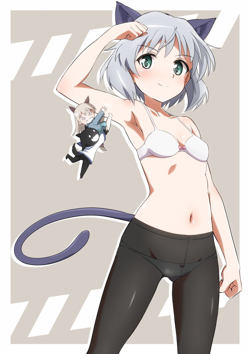 3girls, animal_ears, black_legwear, bra, breasts, cat_ears, cat_tail, eila_ilmatar_juutilainen