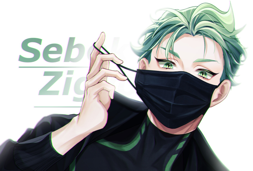 1boy, black_jacket, black_shirt, covered_mouth, green_eyes, green_hair, hand_up, hayama_(sagara-0716)