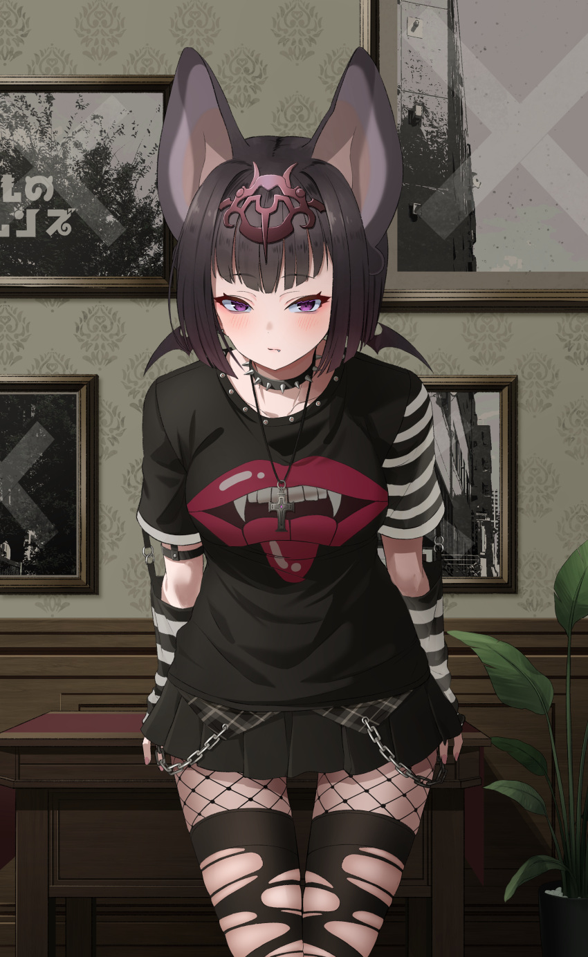 1girl, absurdres, animal_ears, arm_warmers, bangs, bat_ears, black_collar, black_hair