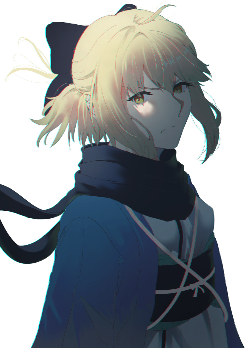 1girl, ahoge, bangs, black_bow, black_scarf, blonde_hair, bow, closed_mouth