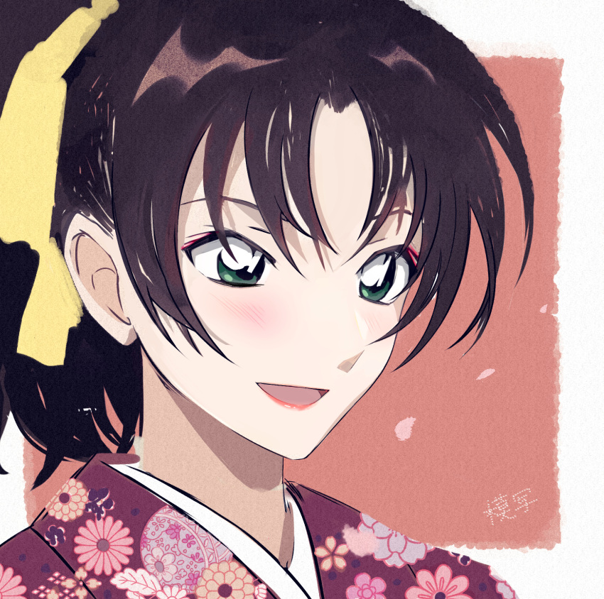 1girl, :d, bangs, brown_hair, floral_print, green_eyes, hair_between_eyes, hair_ribbon