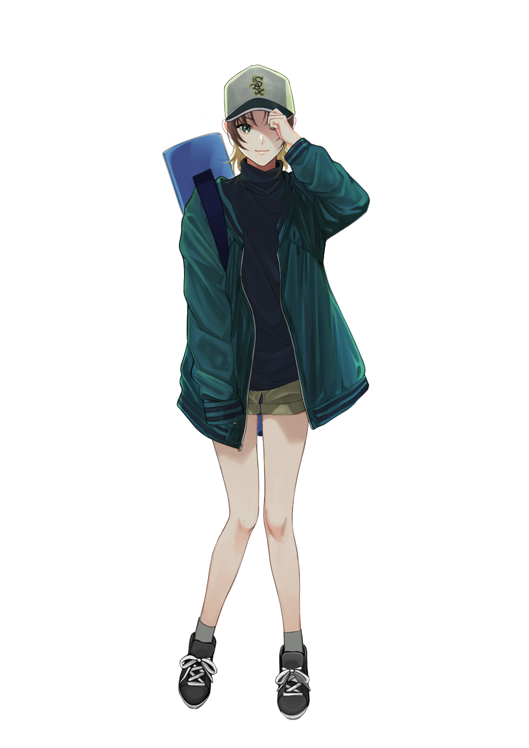 1girl, aqua_coat, baseball_cap, black_footwear, black_sweater, blue_eyes, brown_hair, brown_shorts