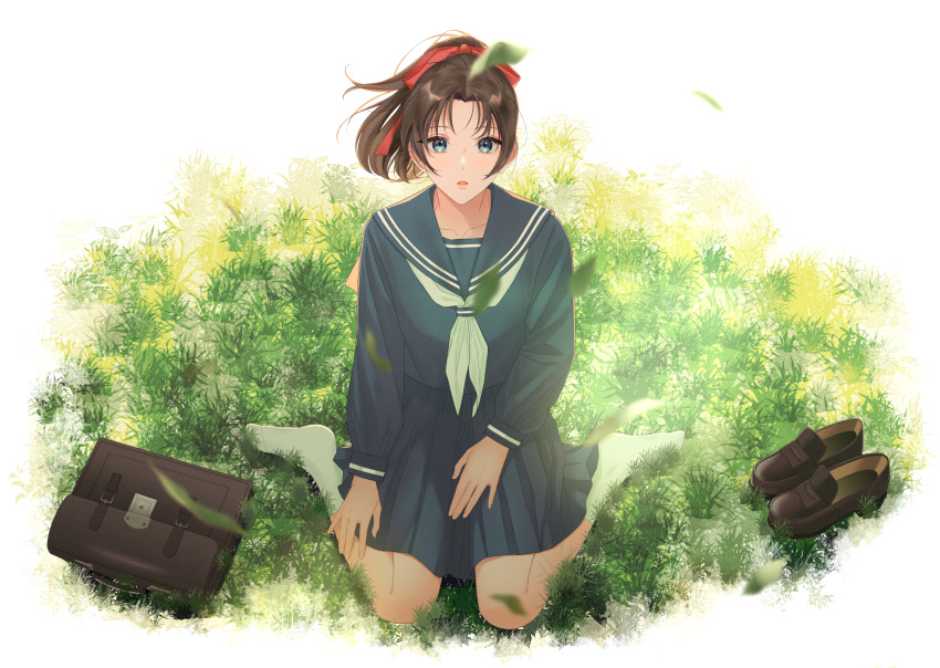 1girl, bag, black_sailor_collar, black_serafuku, black_shirt, black_skirt, blue_eyes, bow, brown_footwear, brown_hair, collarbone, collared_shirt, floating_hair, full_body, green_neckwear, hair_bow, highres, long_hair, long_sleeves, looking_at_viewer, meitantei_conan, miniskirt, miu_888, motion_blur, neckerchief, open_mouth, pleated_skirt, ponytail, red_bow, sailor_collar, sailor_shirt, school_uniform, serafuku, shiny, shiny_hair, shirt, shoes, shoes_removed, sitting, skirt, solo, tooyama_kazuha, wariza, white_background, white_legwear