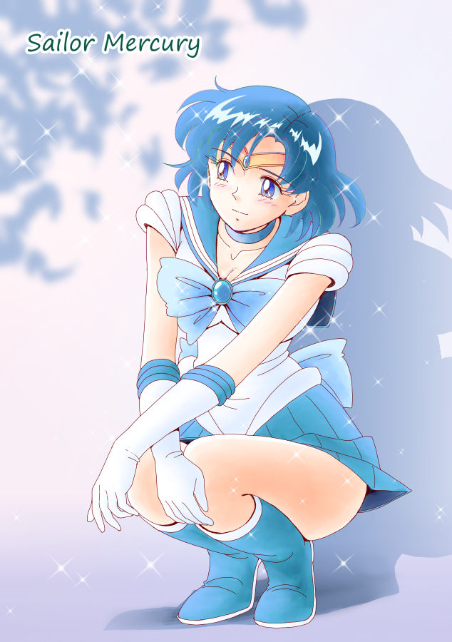 1girl, bishoujo_senshi_sailor_moon, blue_choker, blue_eyes, blue_footwear, blue_hair, blue_sailor_collar, blue_skirt, blush, character_name, choker, circlet, closed_mouth, collarbone, collared_shirt, elbow_gloves, full_body, gloves, kaze_no_ryuuryuu, looking_to_the_side, medium_hair, miniskirt, pleated_skirt, sailor_collar, sailor_mercury, sailor_senshi_uniform, sailor_shirt, shadow, shiny, shiny_hair, shirt, short_sleeves, skirt, smile, solo, sparkle, squatting, white_gloves, white_shirt