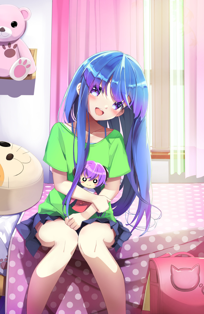 1girl, :d, absurdres, bangs, bed_sheet, bedroom, blue_hair, blush, character_doll, collarbone, furude_rika, green_shirt, green_t-shirt, hair_between_eyes, hanyuu, head_tilt, highres, higurashi_no_naku_koro_ni, huge_filesize, indoors, long_hair, looking_at_viewer, miniskirt, open_mouth, pleated_skirt, polka_dot, purple_skirt, shiny, shiny_hair, shirt, short_sleeves, sinrin_uo, sitting, skirt, smile, solo, straight_hair, stuffed_animal, stuffed_toy, t-shirt, teddy_bear, very_long_hair