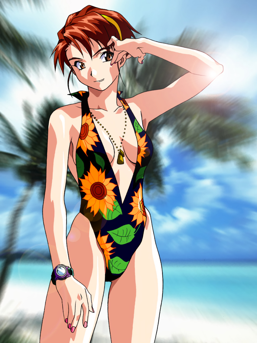 1990s_(style), 1girl, arm_up, beach, casual_one-piece_swimsuit, center_opening, cowboy_shot, day