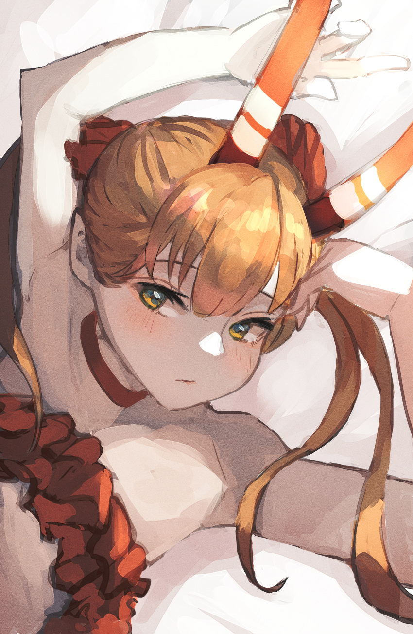 1girl, absurdres, armpits, arms_up, bandeau, bare_shoulders, bed_sheet, brown_hair