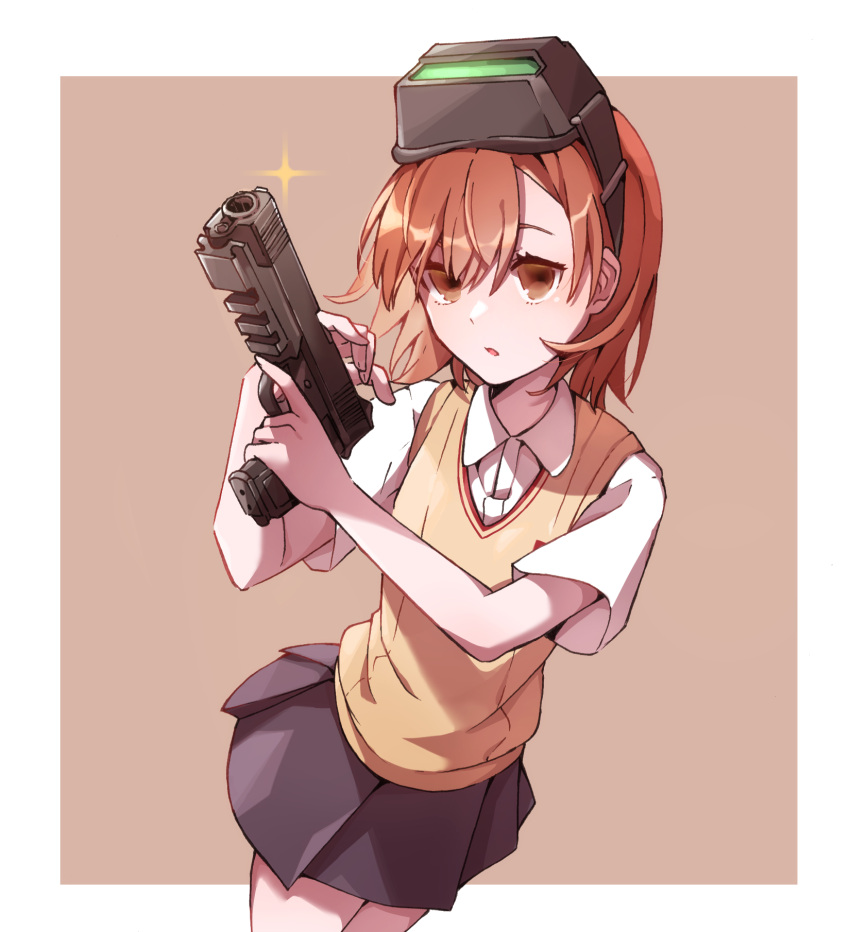 1girl, aiming_up, bangs, brown_background, brown_eyes, brown_hair, brown_sweater_vest, cowboy_shot