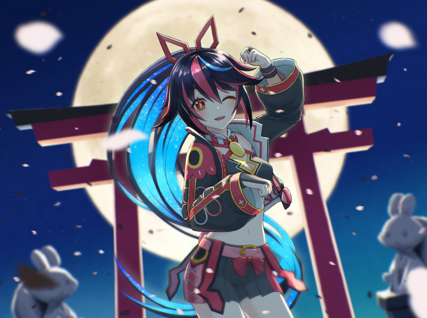 1girl, bangs, breasts, bridal_gauntlets, commentary_request, cropped_jacket, full_moon, hair_ribbon
