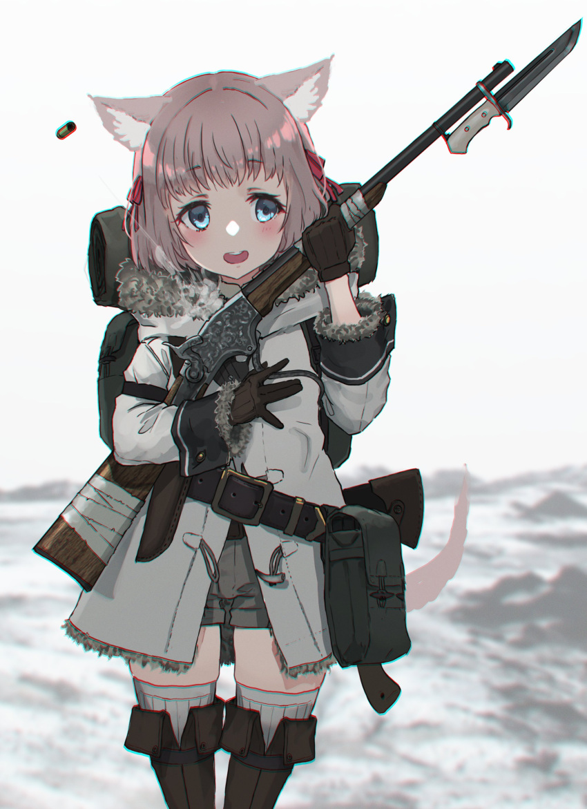 1girl, absurdres, animal_ears, antique_firearm, backpack, bag, bayonet, belt