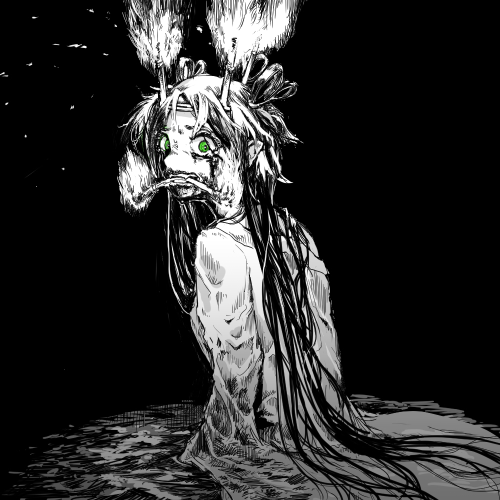 1girl, alternate_costume, alternate_hairstyle, bangs, blood, blood_from_eyes, candle, commentary_request, fire, flame, green_eyes, greyscale, hair_ribbon, hashihime, long_hair, looking_at_viewer, looking_down, mizuhashi_parsee, monochrome, mouth_hold, partially_submerged, pointy_ears, ribbon, solo, spot_color, sukkiri_place, touhou, upper_body, water, wet, wet_clothes