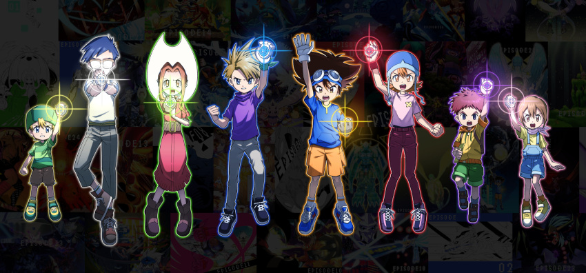 3girls, 5boys, ankle_boots, arm_up, bbb_(fabio8552), black_footwear, black_pants, blonde_hair, blue_footwear, blue_headwear, blue_shirt, boots, brown_footwear, brown_hair, brown_shorts, clenched_hand, digimon, digimon_adventure:, digivice, dress, episode_number, flipped_hair, foot_up, full_body, glasses, gloves, goggles, goggles_on_head, green_headwear, green_shorts, grey_pants, hat, highres, holding, ishida_yamato, izumi_koushirou, kido_jou, multiple_boys, multiple_girls, open_mouth, orange_hair, outstretched_arm, outstretched_arms, pants, parted_lips, pink_dress, purple_shirt, serious, shirt, short_sleeves, shorts, socks, striped, striped_shirt, tachikawa_mimi, takaishi_takeru, takenouchi_sora, teeth, v-shaped_eyebrows, vest, white_footwear, white_gloves, white_legwear, yagami_hikari, yagami_taichi, yellow_footwear