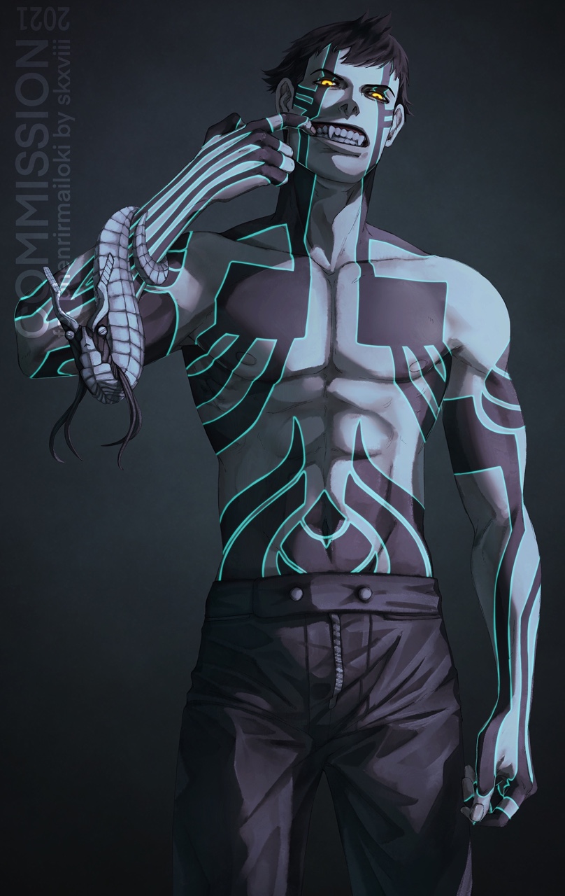 1boy, abs, areolae, arm_at_side, black_hair, black_pants, black_skin, collarbone