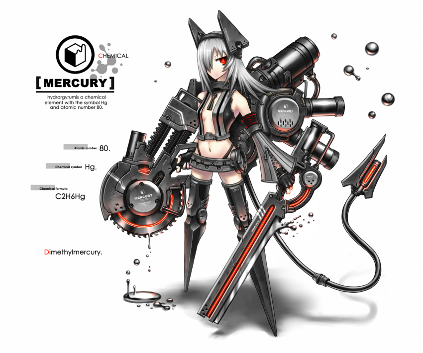 cyborg, detached_sleeves, dripping, dual_wielding, fingerless_gloves, gia, gloves, hair_ornament, hair_over_one_eye, mercury, navel, original, personification, puddle, red_eyes, saw, short_hair, silver_hair, solo, sword, tail, thighhighs, weapon, white_hair, zipper