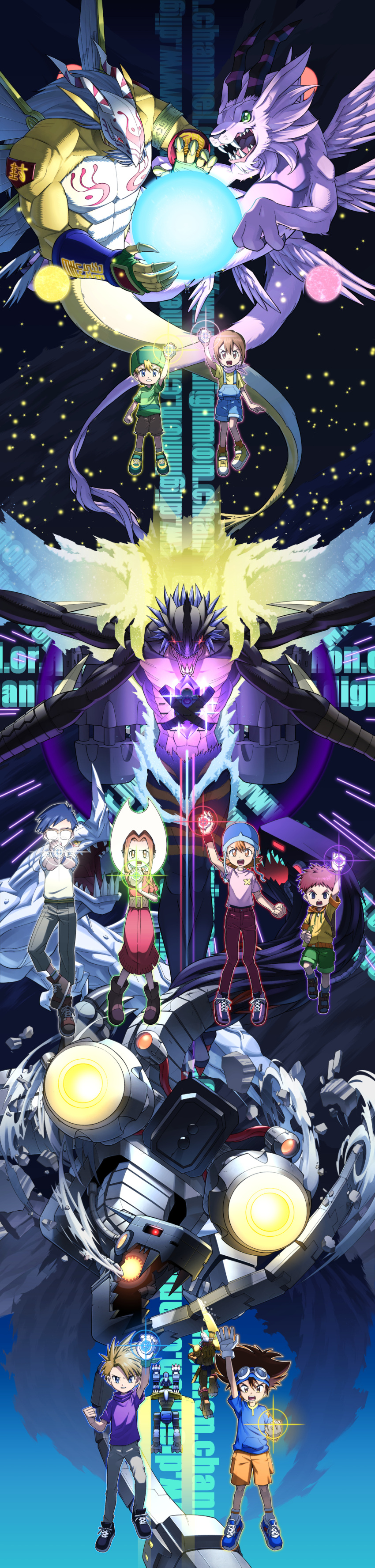 3girls, 5boys, absurdres, ankle_boots, arm_up, bangs, bbb_(fabio8552), beanie, black_footwear, blonde_hair, blue_background, blue_footwear, blue_hair, blue_shirt, boots, brown_footwear, brown_hair, brown_shorts, claws, commentary_request, digimon, digimon_(creature), digimon_adventure:, digivice, dress, energy_ball, facing_viewer, fangs, foot_up, glasses, gloves, glowing, goddramon, goggles, goggles_on_head, gradient, gradient_background, green_headwear, green_shirt, green_shorts, grey_pants, grey_shirt, hat, helm, helmet, highres, holding, holydramon, hood, hood_down, hoodie, ishida_yamato, izumi_koushirou, kido_jou, long_hair, looking_at_viewer, mecha, medium_hair, metalgarurumon, millenniummon, mugendramon, multiple_boys, multiple_girls, open_mouth, orange_hoodie, outstretched_arm, outstretched_arms, overall_shorts, overalls, pants, pink_dress, purple_hair, purple_shirt, red_pants, serious, sharp_teeth, shirt, shoes, short_hair, short_sleeves, shorts, striped, striped_shirt, tachikawa_mimi, takaishi_takeru, takenouchi_sora, tall_image, teeth, wargreymon, white_gloves, wings, yagami_hikari, yagami_taichi