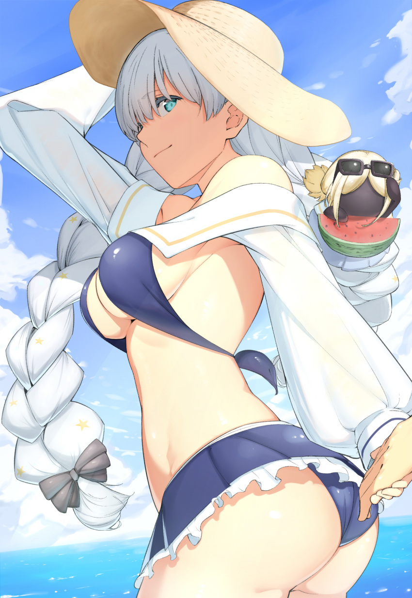 1girl, anastasia_(fate), anastasia_(swimsuit_archer)_(fate), arata_(noneetyesnito), ass, bangs, bare_shoulders, beach, blue_dress, blue_eyes, blue_sky, blush, breasts, doll, dress, fate/grand_order, fate_(series), hair_over_one_eye, hat, highres, large_breasts, long_hair, looking_at_viewer, ocean, see-through_skirt, silver_hair, skirt, sky, straw_hat, sunglasses, thighs, very_long_hair, viy_(fate), watermelon_slice