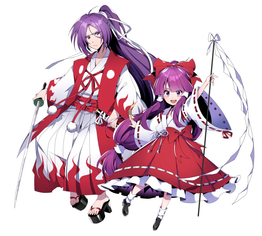 2girls, :/, absurdres, arm_up, bangs, blush, bow, commentary_request