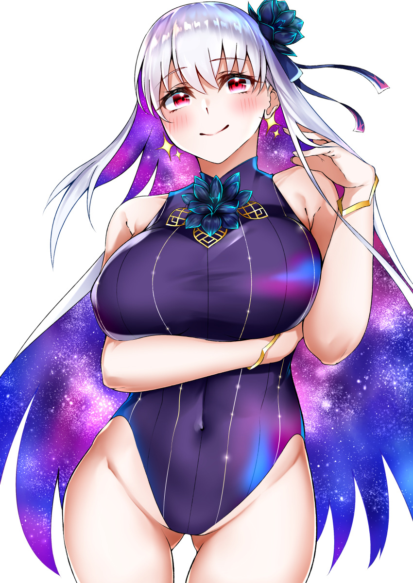 1girl, absurdres, bangs, bare_shoulders, blue_hair, blue_swimsuit, blush, bracelet