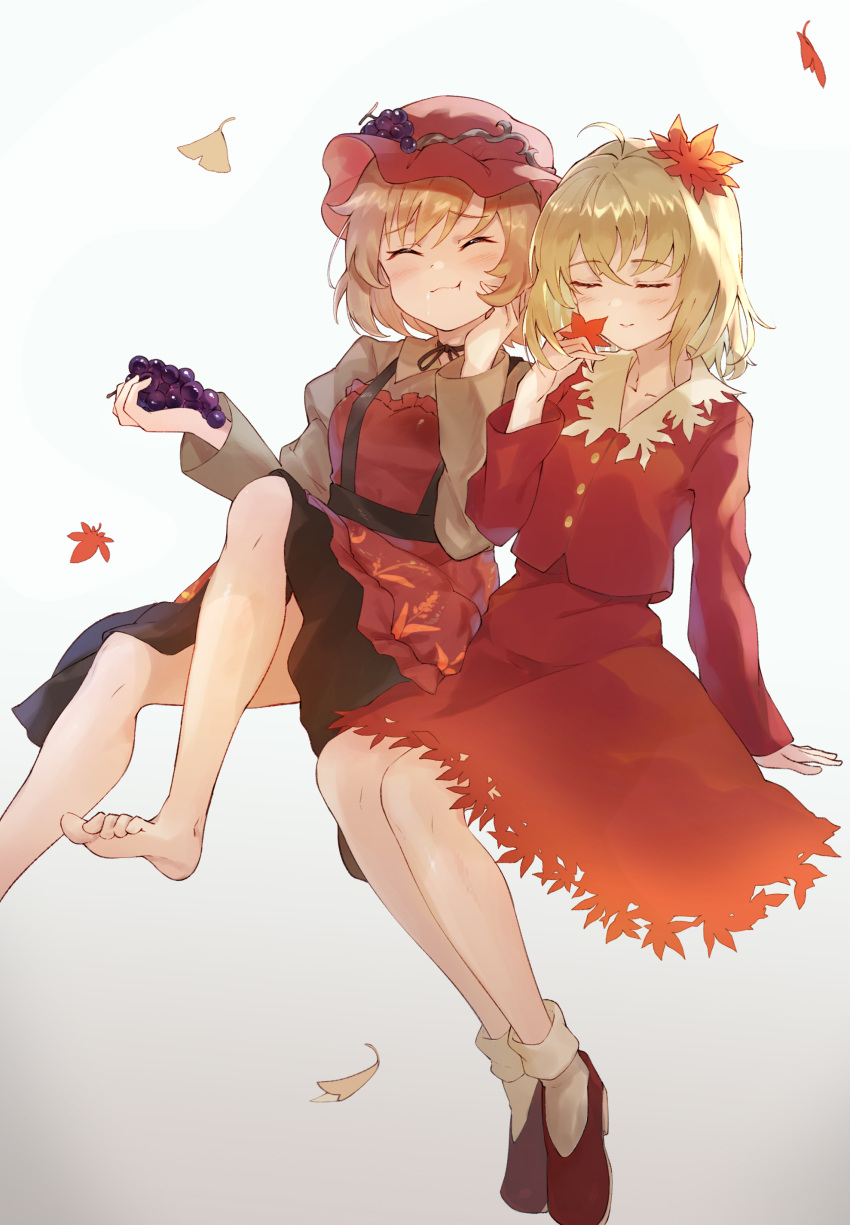 2girls, absurdres, aki_minoriko, aki_shizuha, apron, autumn_leaves, barefoot, black_skirt