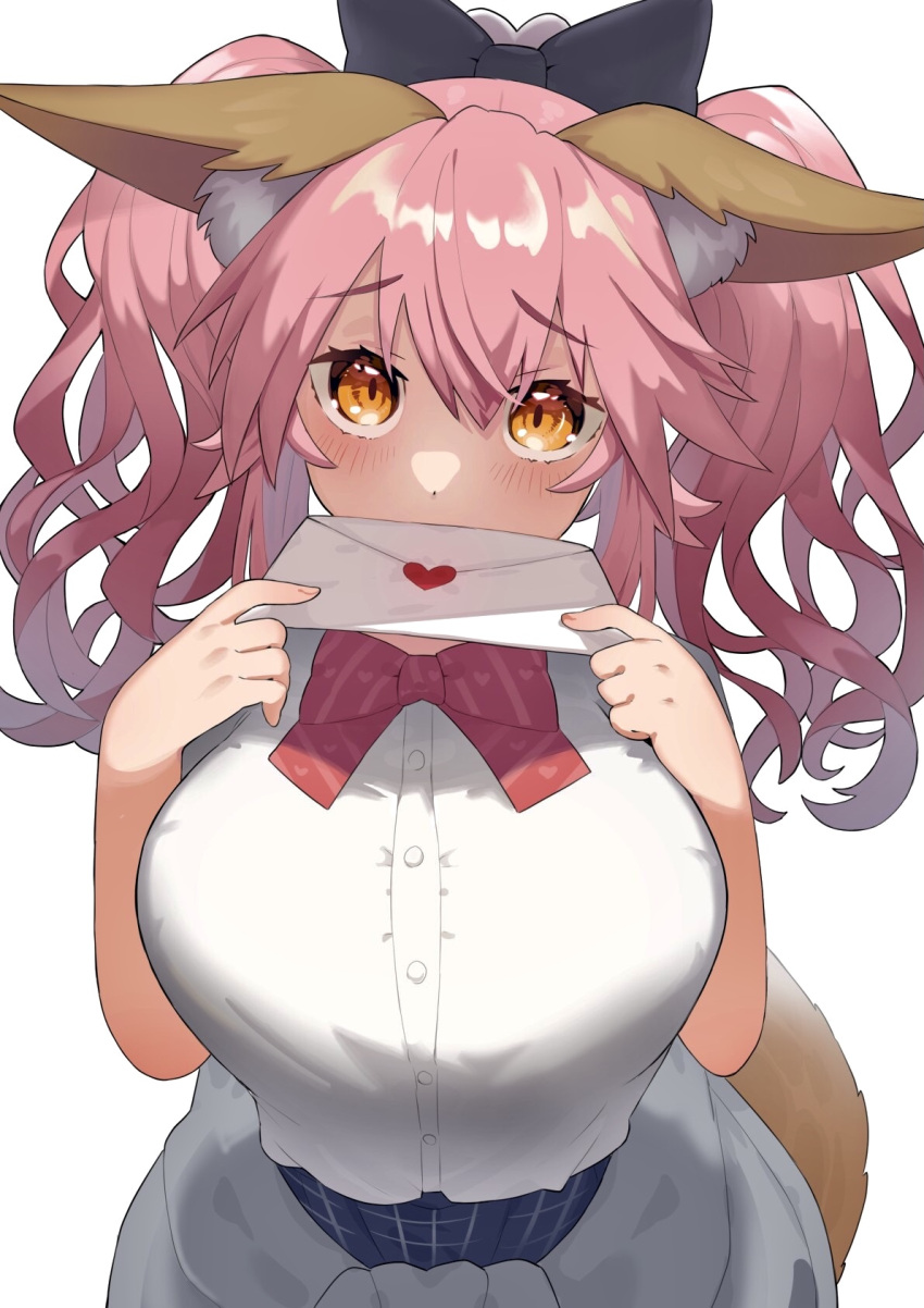 1girl, animal_ear_fluff, animal_ears, blue_skirt, breasts, clothes_around_waist, fate/extella, fate/extra