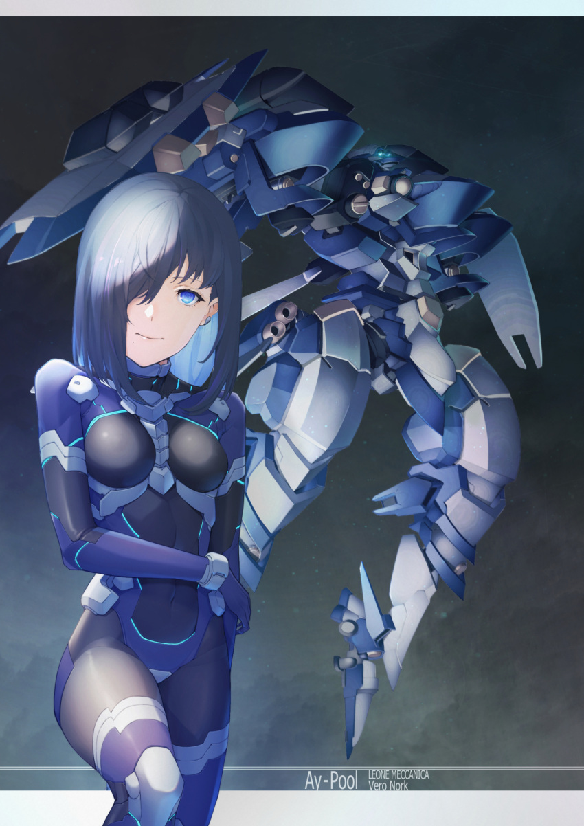 1girl, armored_core, armored_core:_for_answer, ay-pool, black_hair, blue_eyes, breasts, character_name