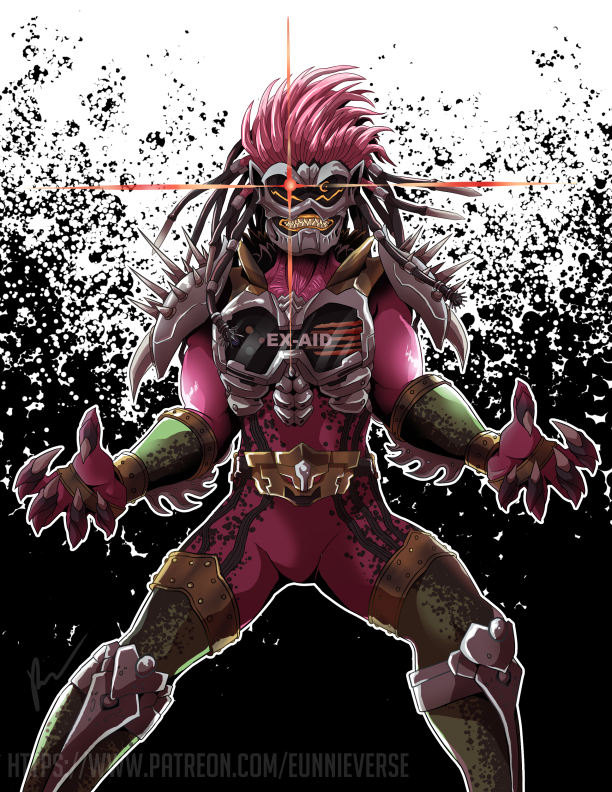 1boy, another_ex-aid, another_rider_(zi-o), armor, claws, clenched_teeth, colored_skin, creature, driver, eunnieverse, evil_grin, evil_smile, fingernails, glaring, grin, hair_intakes, kamen_rider, kamen_rider_zi-o_(series), long_hair, monster, open_hands, patreon_username, pink_hair, pink_skin, sharp_fingernails, shoulder_spikes, smile, spikes, sunken_eyes, teeth, yellow_eyes, yellow_teeth