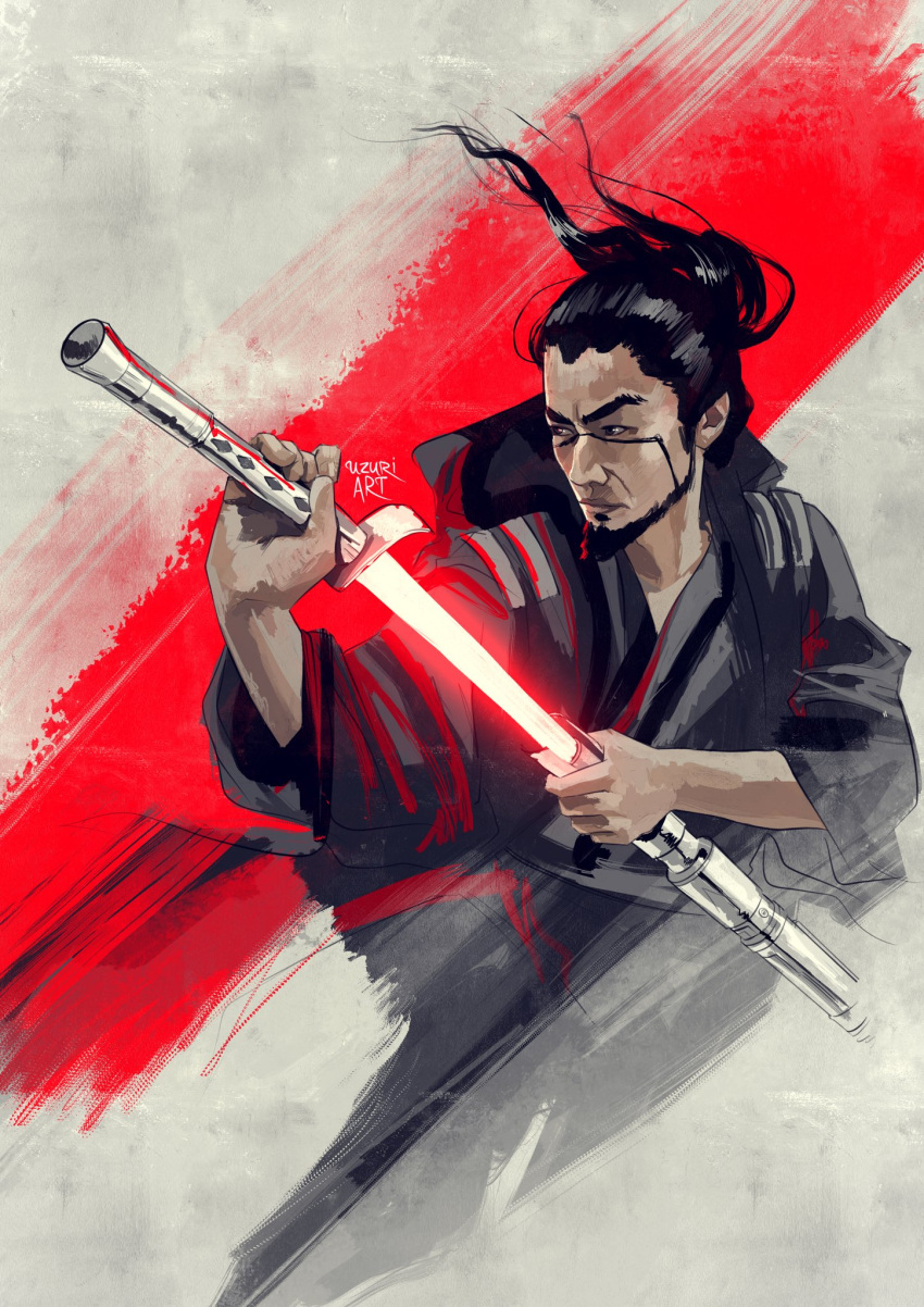 1boy, asian, beard, black_eyes, black_robe, energy_sword, english_commentary, facial_hair, floating_hair, highres, holding, holding_sword, holding_weapon, lightsaber, long_hair, looking_to_the_side, male_focus, robe, ronin_(star_wars), sheath, solo, star_wars, star_wars:_visions, sword, thick_eyebrows, unsheathing, uzuri_art, v-shaped_eyebrows, weapon