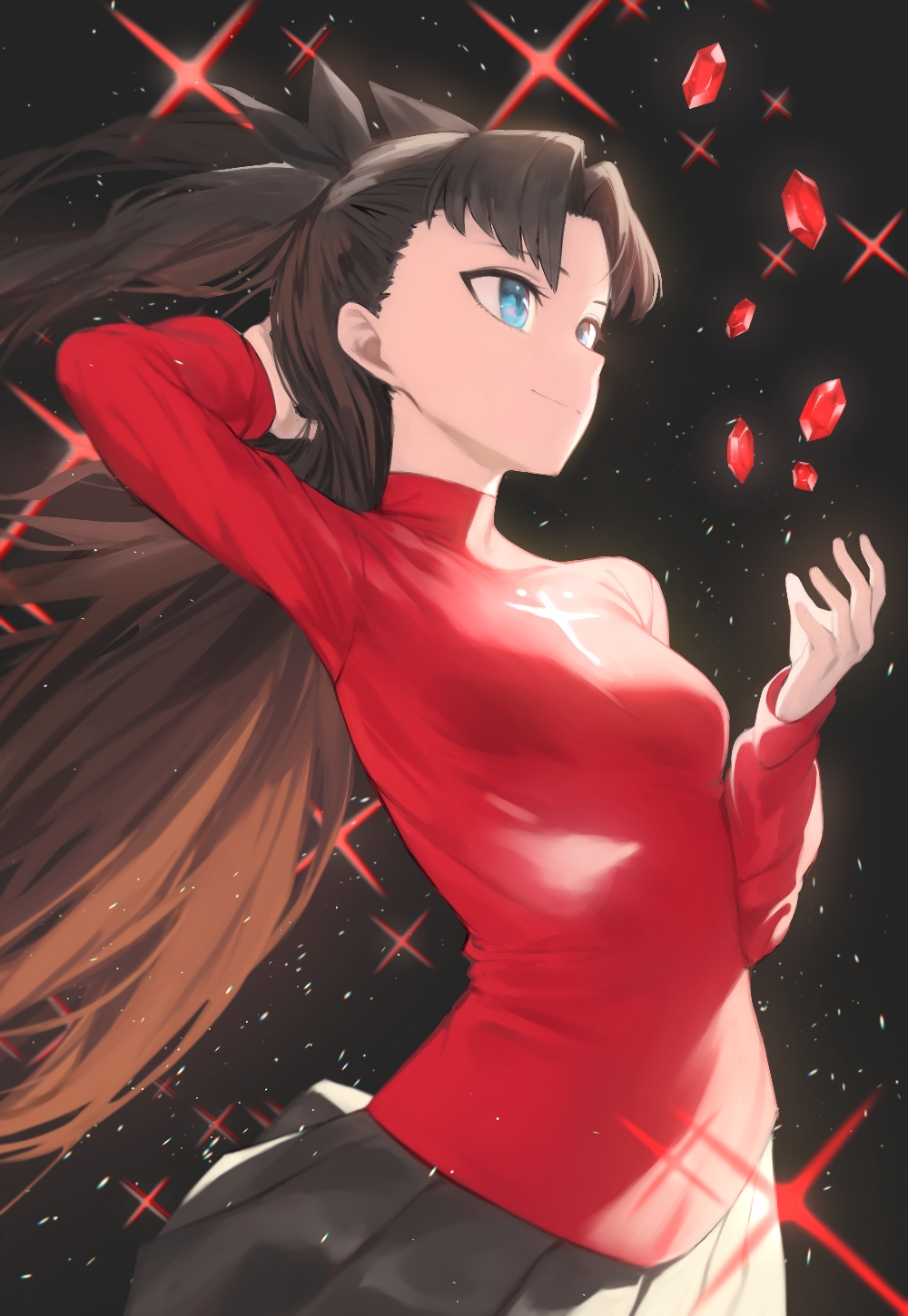 1girl, arm_up, bangs, black_background, black_skirt, blue_eyes, breasts, brown_hair