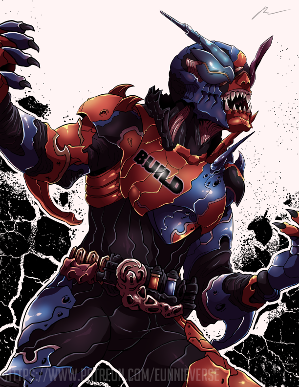 1boy, another_build, another_rider_(zi-o), armor, blue_eyes, blue_horns, blue_skin, build_driver, claws, colored_skin, creature, driver, eunnieverse, evil, fingernails, heterochromia, horns, kamen_rider, kamen_rider_zi-o_(series), monster, multicolored, multicolored_skin, patreon_username, rabbit+tank_form, red_eyes, red_horns, red_skin, sharp_fingernails, sharp_teeth, teeth, two-tone_skin