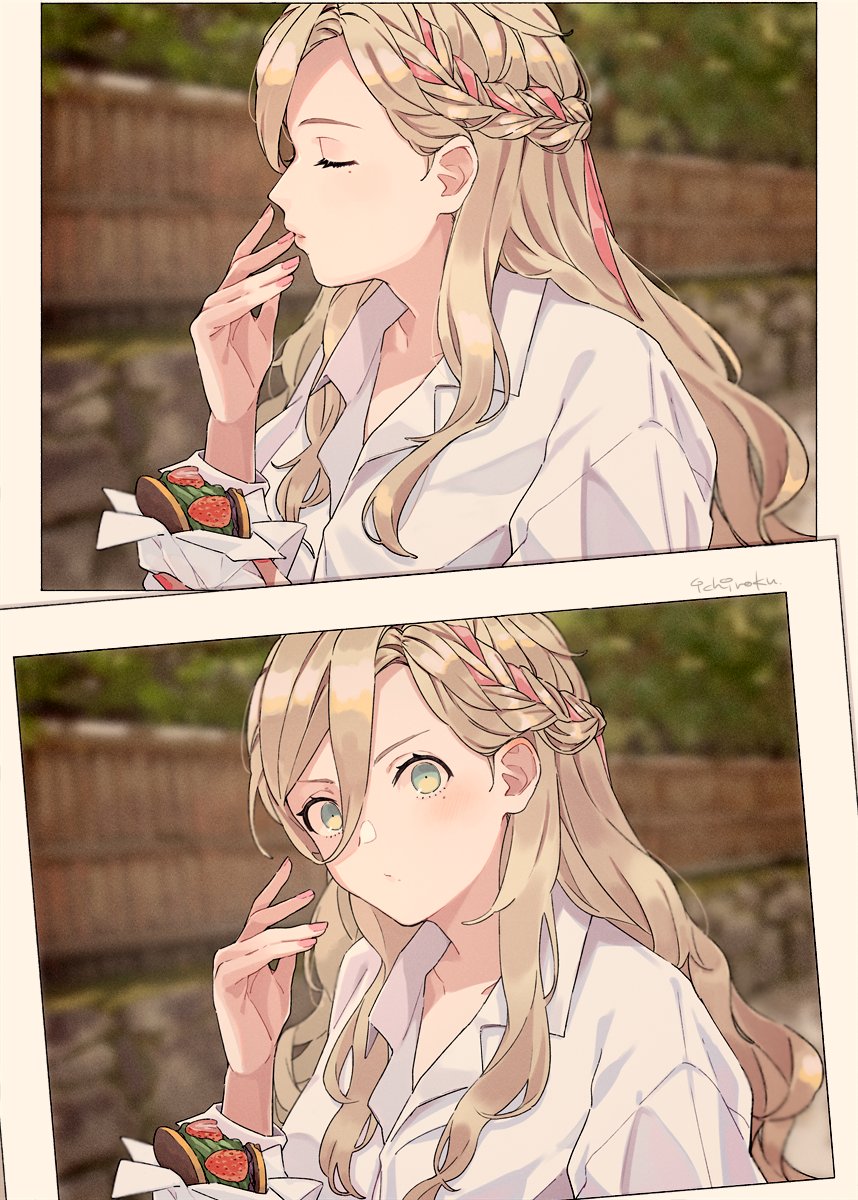 1girl, blonde_hair, blue_eyes, braid, closed_eyes, collared_shirt, dorayaki, food, highres, holding, holding_food, ichiroku_(sakumogu-029), kantai_collection, long_hair, long_sleeves, mole, mole_under_eye, mole_under_mouth, multiple_views, richelieu_(kancolle), shirt, sidelocks, wagashi, white_shirt