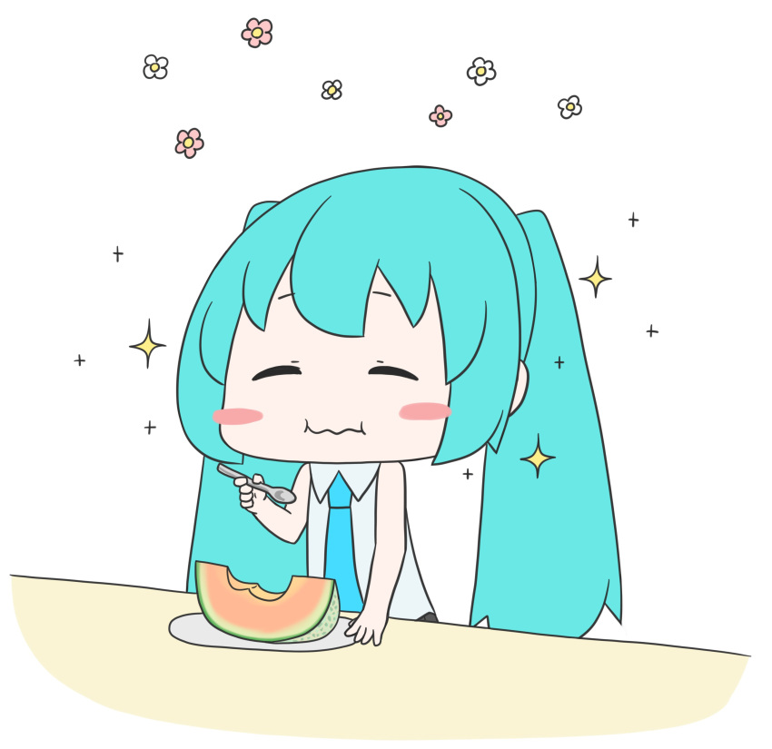 1girl, absurdres, aqua_hair, aqua_neckwear, bare_shoulders, black_skirt, blush_stickers, cantaloupe