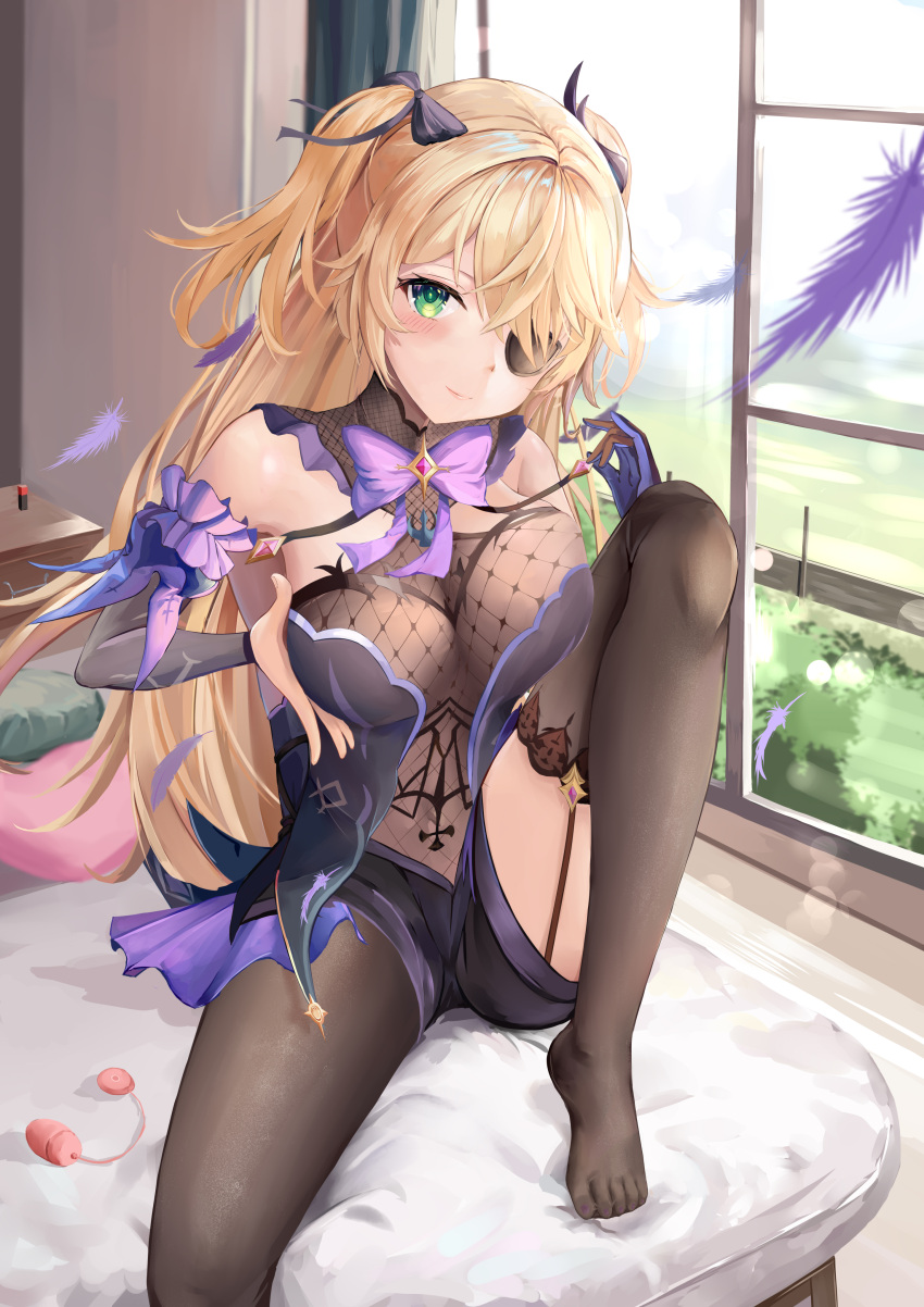 1girl, absurdres, aimee_(emi), asymmetrical_legwear, bangs, bed, bed_sheet, bedroom, black_bow, black_eyepatch, black_gloves, black_legwear, black_ribbon, black_shorts, black_sleeves, blonde_hair, blush, bodystocking, bodysuit, bow, bowtie, breasts, collar, commentary_request, curtains, day, eyebrows_visible_through_hair, eyepatch, feet, fischl_(genshin_impact), fishnet_bodysuit, fishnet_fabric, fishnets, garter_straps, genshin_impact, gloves, green_eyes, hair_between_eyes, hair_bow, hair_ornament, hair_over_one_eye, hair_ribbon, head_tilt, highres, indoors, knee_up, light_brown_hair, long_hair, looking_at_viewer, medium_breasts, mismatched_legwear, nail_polish, no_shoes, on_bed, pillow, purple_bow, purple_nails, purple_neckwear, ribbon, short_shorts, shorts, sidelocks, single_glove, single_leg_pantyhose, single_thighhigh, sitting, sitting_on_bed, solo, thigh-highs, toenail_polish, toenails, toes, two_side_up, window