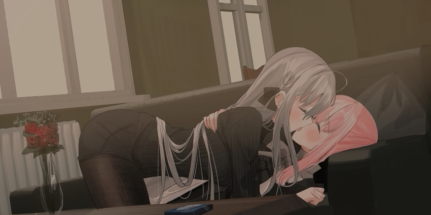 2girls, absurdres, ahoge, bangs, black_bow, black_dress, black_legwear, black_shorts