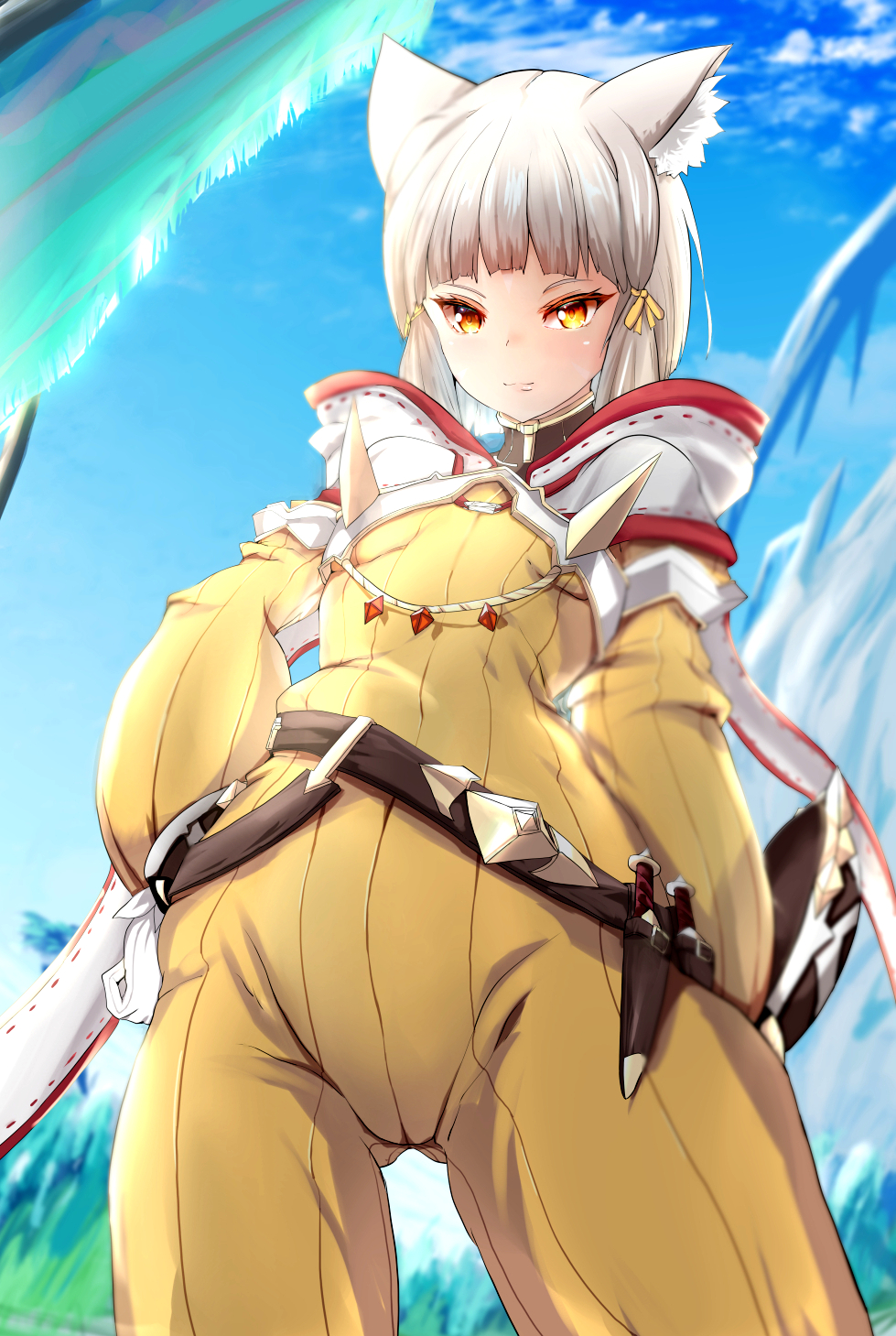 1girl, animal_ears, bangs, blunt_bangs, bodysuit, breasts, cat_ears, facial_mark, gloves, highres, nia_(xenoblade), shindayomon, short_hair, silver_hair, small_breasts, solo, white_gloves, xenoblade_chronicles_(series), xenoblade_chronicles_2, yellow_bodysuit, yellow_eyes