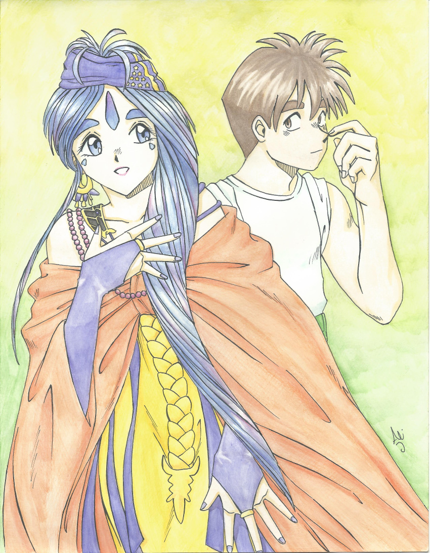1990s_(style), aa_megami-sama, belldandy, deviantart, goddess, hairband, morisato_keiichi, one_boy, one_girl