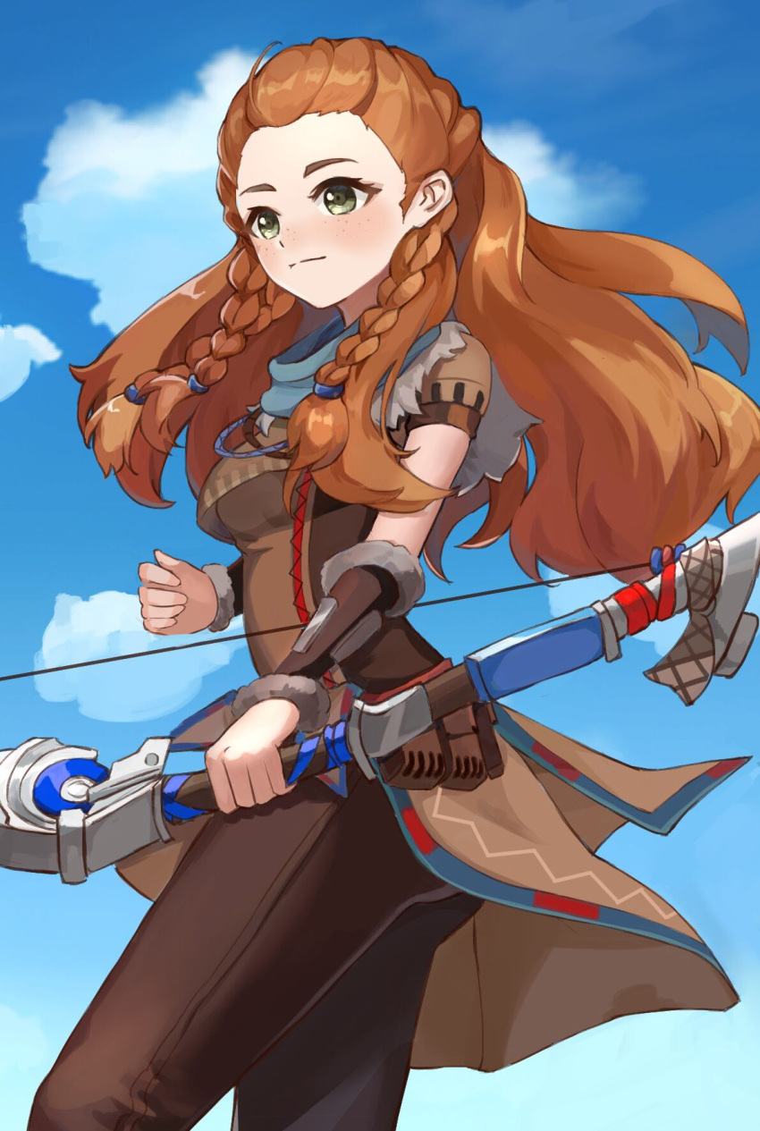 1girl, ahoge, aloy_(horizon), ass, bangs_pinned_back, blue_sky, blurry, bow_(weapon)