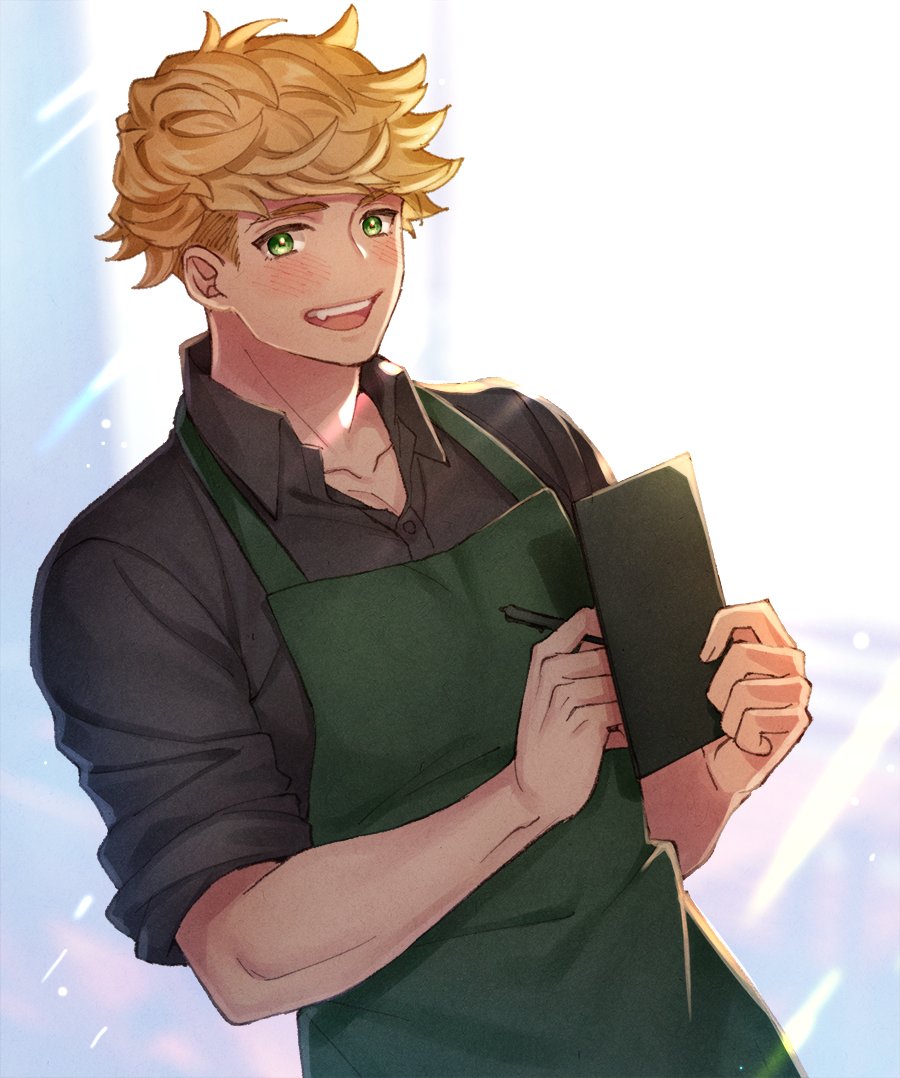 1boy, apron, bangs, black_shirt, blonde_hair, blush, granblue_fantasy, green_apron