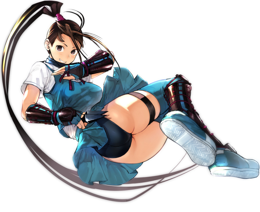 1girl, antenna_hair, arm_guards, armor, ass, black_hair, buruma, duplicate