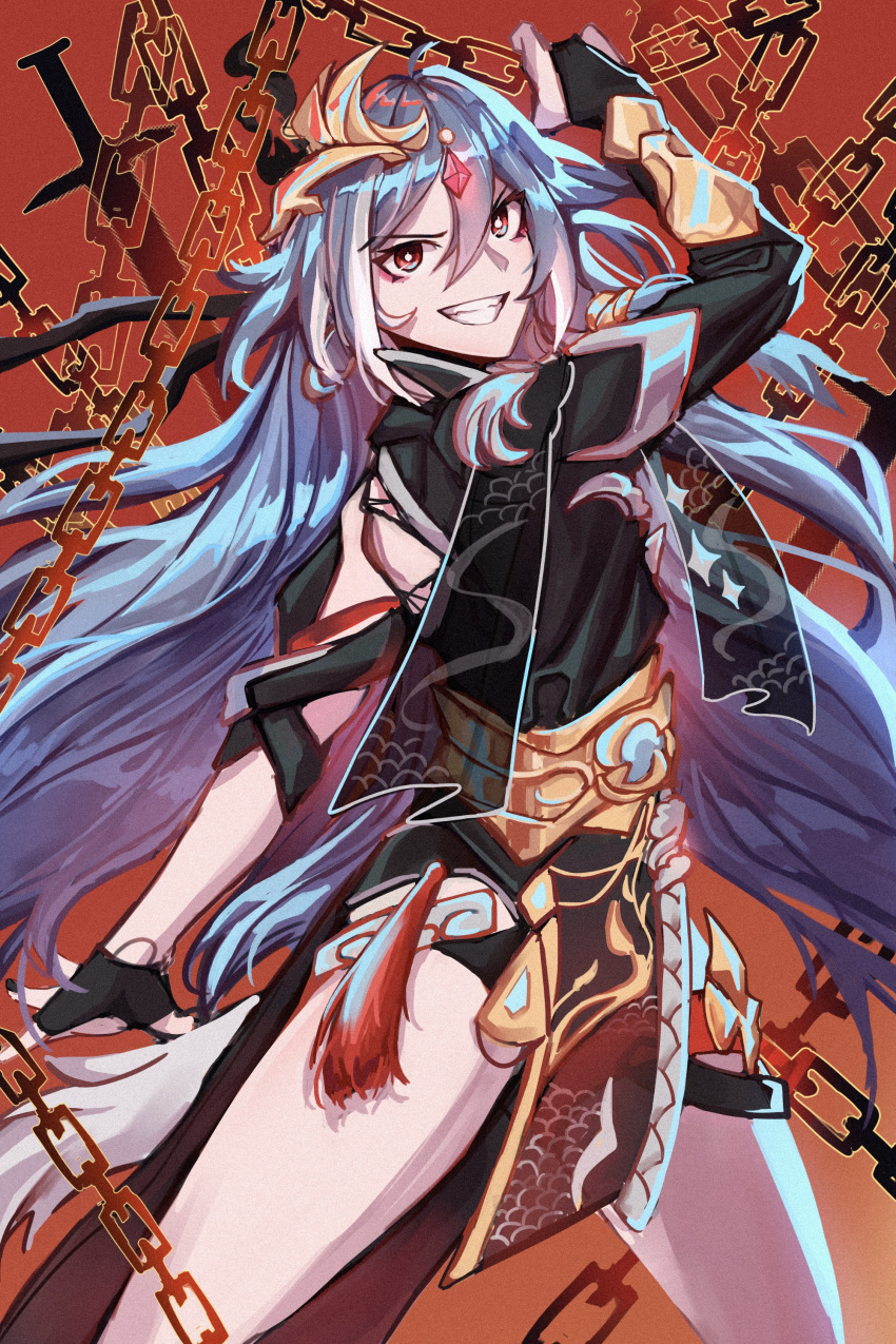 1girl, absurdres, asymmetrical_gloves, bangs, black_gloves, black_nails, chain, chinese_clothes, fingerless_gloves, fu_hua, fu_hua_(herrscher_of_sentience), gloves, grey_hair, grin, hair_between_eyes, hair_ornament, highres, holding, holding_chain, honkai_(series), honkai_impact_3rd, long_hair, looking_at_viewer, mismatched_gloves, multicolored_hair, open_clothes, red_background, red_eyes, smile, streaked_hair, teeth, todok_kun, v-shaped_eyebrows, white_gloves