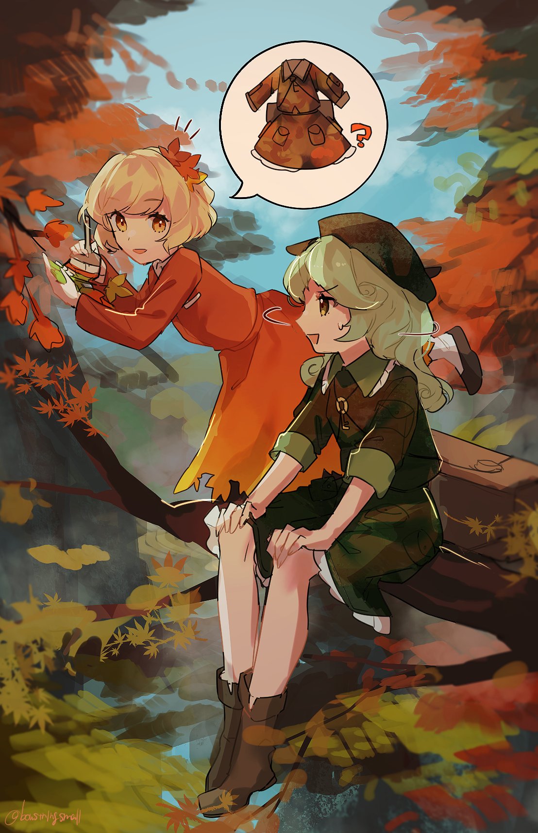2girls, ?, aki_shizuha, bangs, black_footwear, blonde_hair, boots, branch